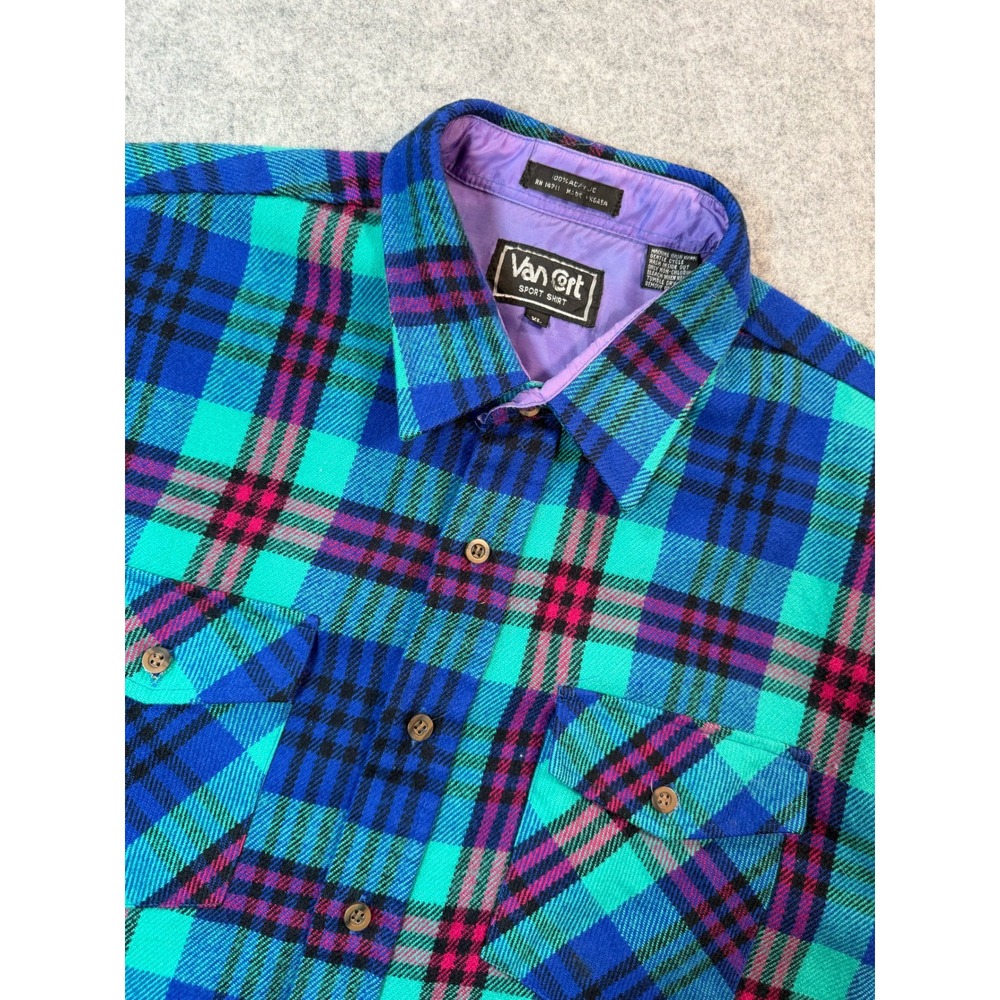 Vintage Van Cort Sport Shirt Mens XL Teal Blue Magenta Plaid Acrylic Flannel 90s
